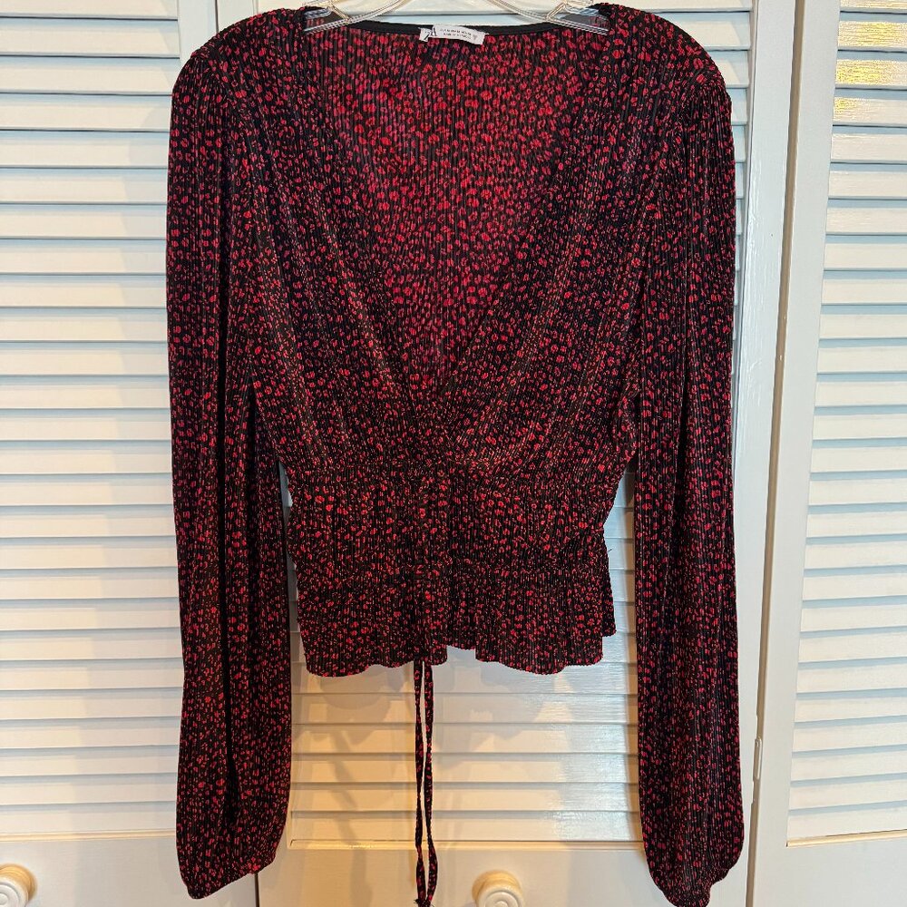 Zara Women's Pleated Tie Front V-Neck Blouse in Red Size Medium